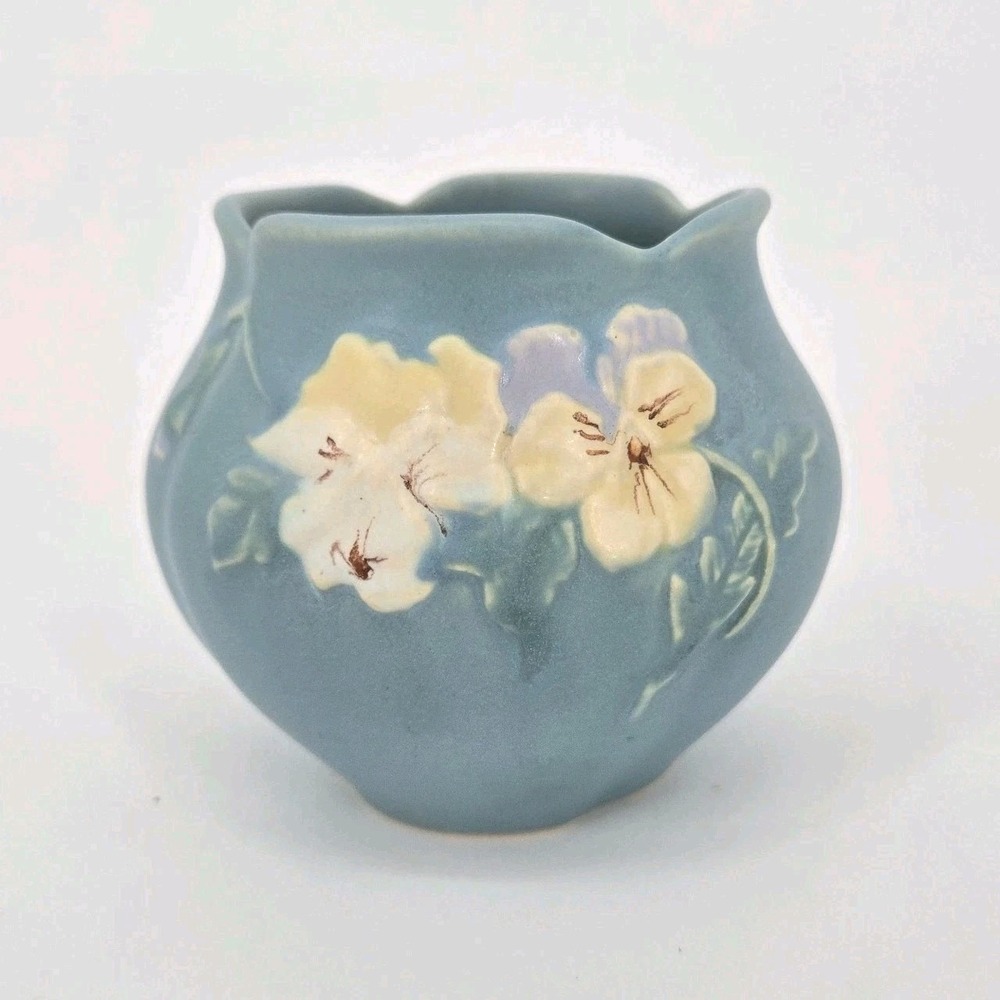Weller Vintage Pansy Art Pottery Vase Blue Matte Floral Scalloped Rim 4.5"